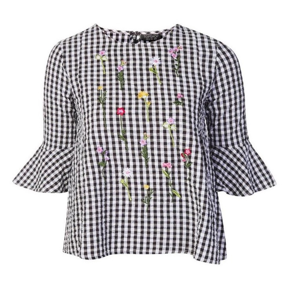 Topshop Black and White checkered blouse with floral embroidered size Small S